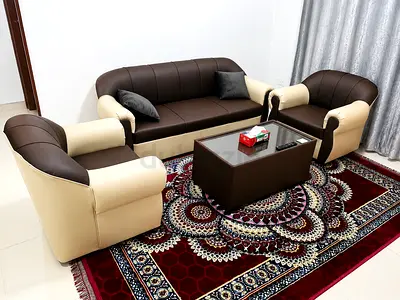 3-Piece Brown & Cream Leather Sofa Set with Coffee Table