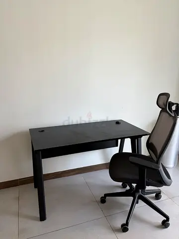 Minimal Black Office Desk with Ergonomic Mesh Chair - Good Condition