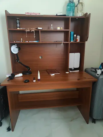 Wooden Study Desk with Overhead Shelves and Cupboard - Good Condition