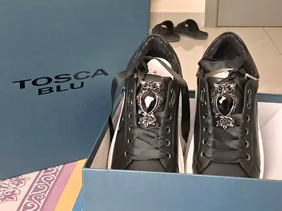 Tosca Blu black leather sneakers with crystal embellishments, size available