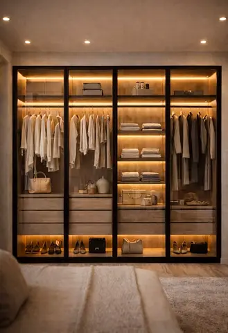 Modern Built-in Walk-in Wardrobe with Glass Doors and LED Lighting