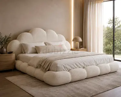 Plush Cloud-Style Low Platform Bed with Curved Headboard (Ivory)
