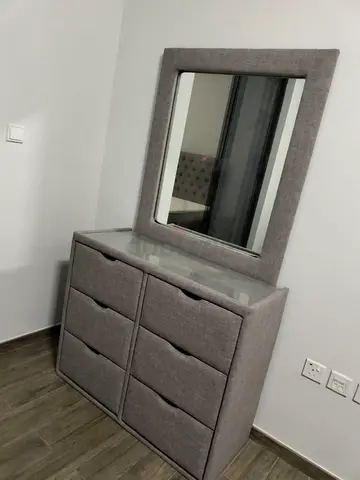 Grey Fabric 6-Drawer Dresser with Mirror - Good Condition