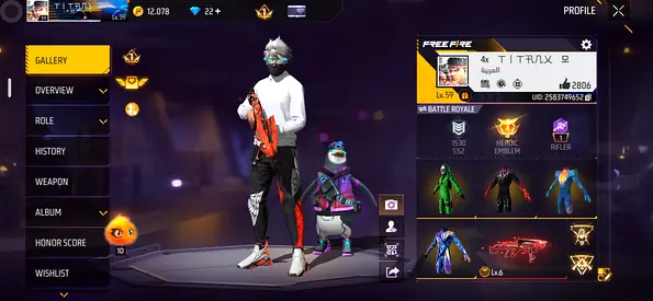 I am selling my Free Fire Account PRICE IS NEGOTIABLE — multiple rare weapons skins, outfits & title