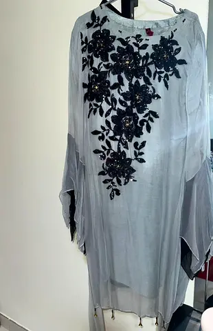 Light grey embroidered kaftan style with black floral sequins - size M