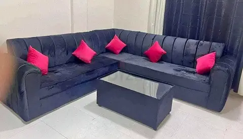L-shaped velvet sectional sofa with coffee table - dark grey