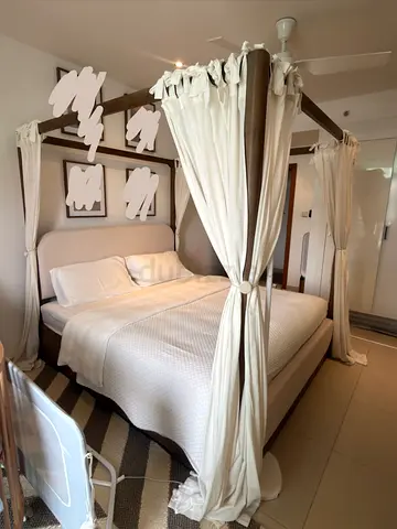 King canopy bed - light wood, modern, canopy curtains will give for free