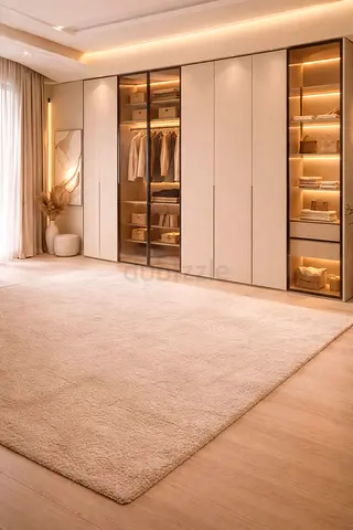 Modern Built-in Wardrobe with Glass Display Panels and Integrated Lighting