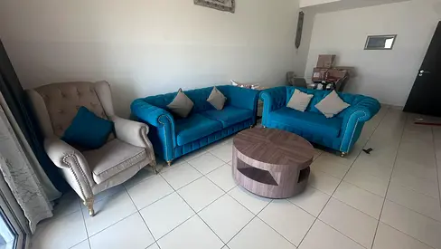 Blue Velvet Chesterfield 3+2+1-Seater Sofa and center table — Good Condition