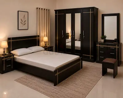 Dark Wood 5-Piece Bedroom Set with Wardrobe, Bed & Dresser