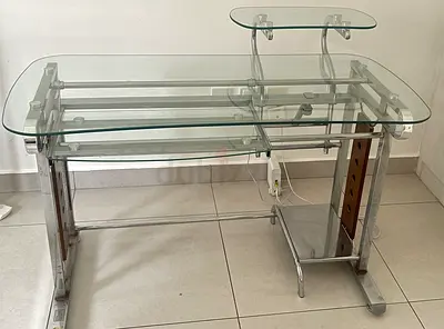 Glass Computer Desk with Elevated Monitor Shelf and CPU Stand