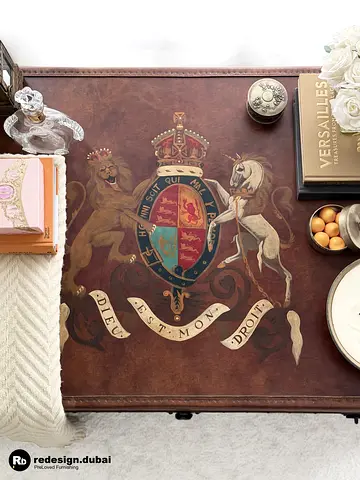 OVERSIZED BRITISH ROYAL CREST LEATHER STEAMER TRUNK or coffee table or console or storage cabinet