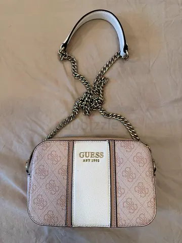 Guess Small Crossbody Bag - Pink/white Monogram, Chain Strap