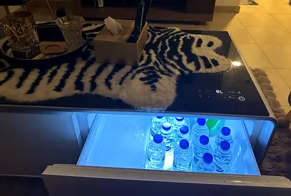 Smart Table with Built-In Fridge, Tempered Glass Top & Touch Control