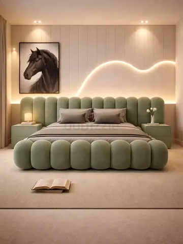 Modern Upholstered Green Cloud Bed with Headboard and Side Tables direct factory price