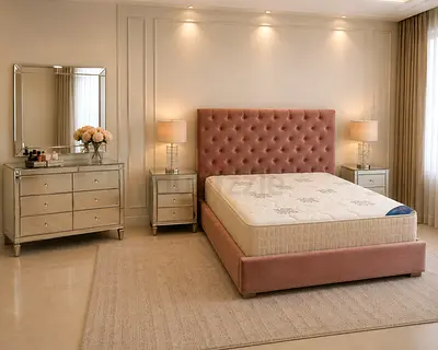 Elegant Tufted Bed Set with Mirrored Dresser and Nightstands