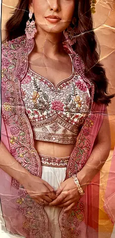 Pink embroidered shrug with white dhoti dhoti and embroidered white choli set -size m toL  brand new