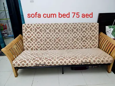 Sofa cum bed - wooden frame, beige patterned upholstery, good condition