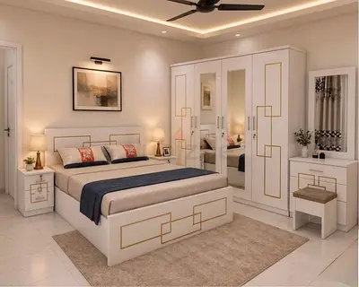 White bedroom set with bed, wardrobe and dressing table - modern design