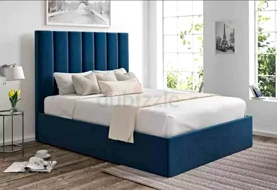 New Upholstered Blue Queen size Bed with Tall Padded Headboard