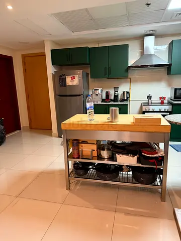 Kitchen island trolley with wooden top and stainless steel frame