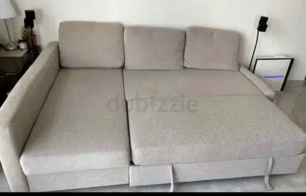 Beige L-Shape Sofa Bed with Pull-Out Extension