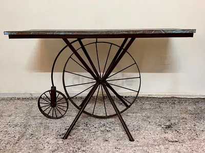 Vintage bicycle-wheel style metal console table with wooden top
