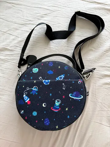 Round Space Print Crossbody Bag - Black Canvas, Adjustable Strap