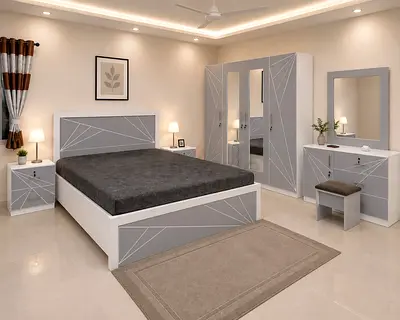 Modern Grey & White 5-Piece Bedroom Set – Bed, Wardrobe, Nightstands, Dresser & Mirror