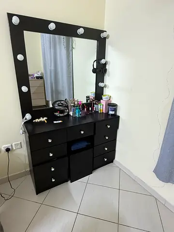 Black Wooden Makeup Vanity Table with Lighted Mirror and Drawers