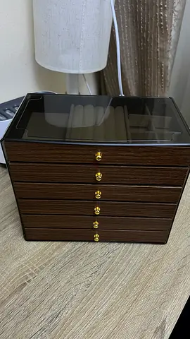Wooden 6-Drawer Jewelry Organizer with Glass Top — Good Condition