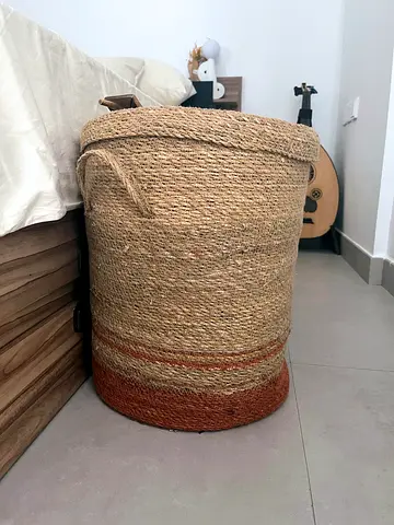 3 Handwoven Jute Storage Basket with Lid — Natural & Rust Accent