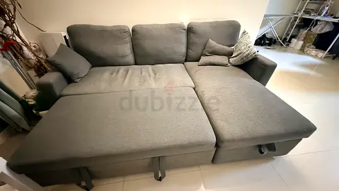 Grey L-shaped Sofa Bed with Chaise — Good Condition