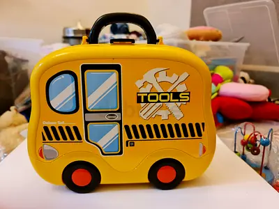 Kids Yellow Tool Kit Case Shaped Like a Van with tyres - PRISTINE Condition
