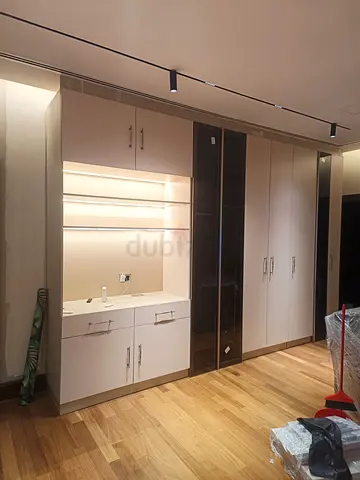 Built-in white wardrobe with display shelves and drawers - good condition