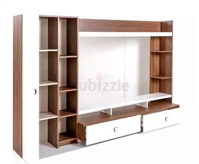 Modern White & Wood Entertainment TV Unit with Storage Shelves