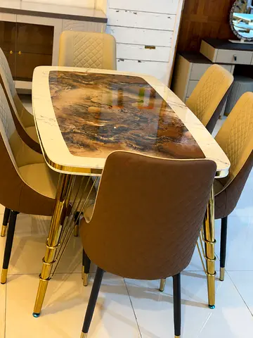 6-Seater Marble-Top Dining Table with Gold Legs and Upholstered Chairs