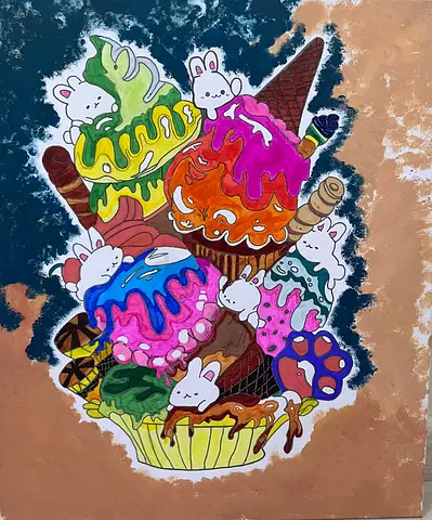 Original Hand-Painted Cute Ice Cream Illustration with Rabbits (Framed/Canvas)
