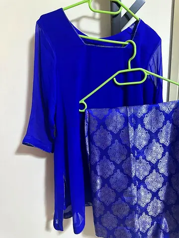 Royal blue two-piece traditional outfit - top and patterned palazzo trousers, Medium