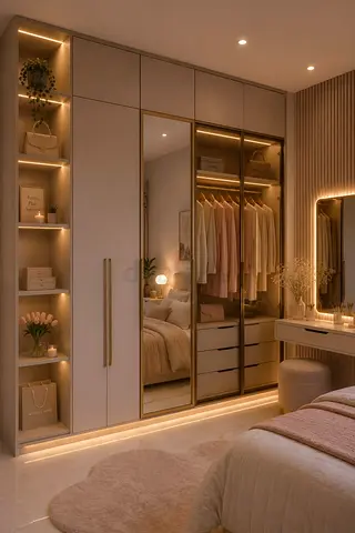Modern built-in wardrobe with mirrored sliding doors and integrated lighting
