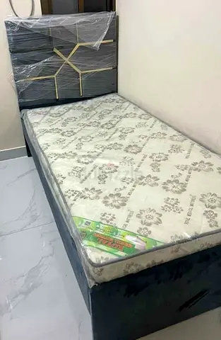 Single Bed Frame with Mattress - Dark Upholstery, Good Condition
