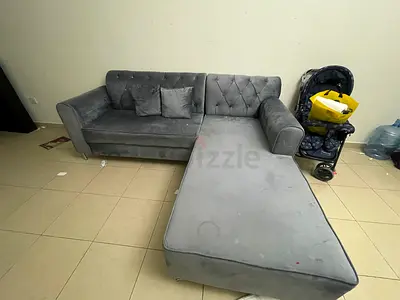 Grey L-shaped Velvet Sofa with Chaise - Good Condition