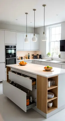 Modern white kitchen island with storage drawers and open shelving