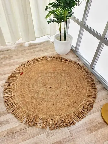 Round Jute Fringe Rug – Natural Boho Floor Mat (120cm approx)
