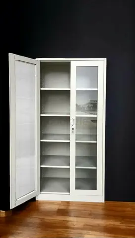 White Metal Storage Cabinet with Glass Door - 6 Shelves