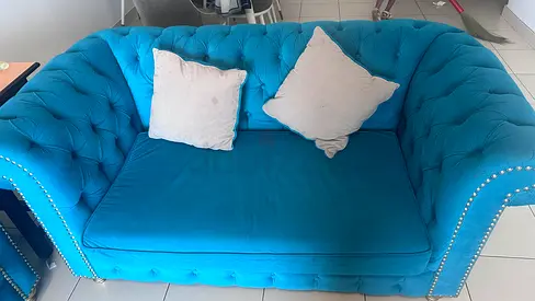 Blue Velvet Chesterfield 2-Seater Sofa — Good Condition
