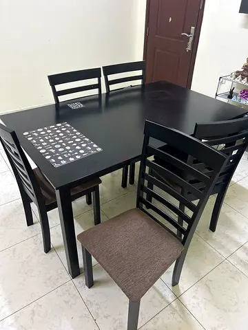 Solid Black Wooden Dining Table with 4 Ladder-Back Chairs