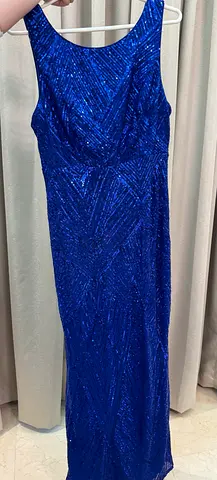 Blue Sequin Sleeveless Evening Gown, Size Large (L)