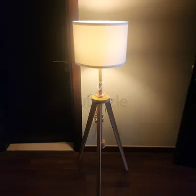 Tripod Floor Lamp with Fabric Shade - Wooden Legs, Warm Light