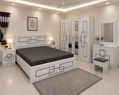 White 4-Piece Bedroom Set: Bed, Wardrobe, Dresser & Nightstands